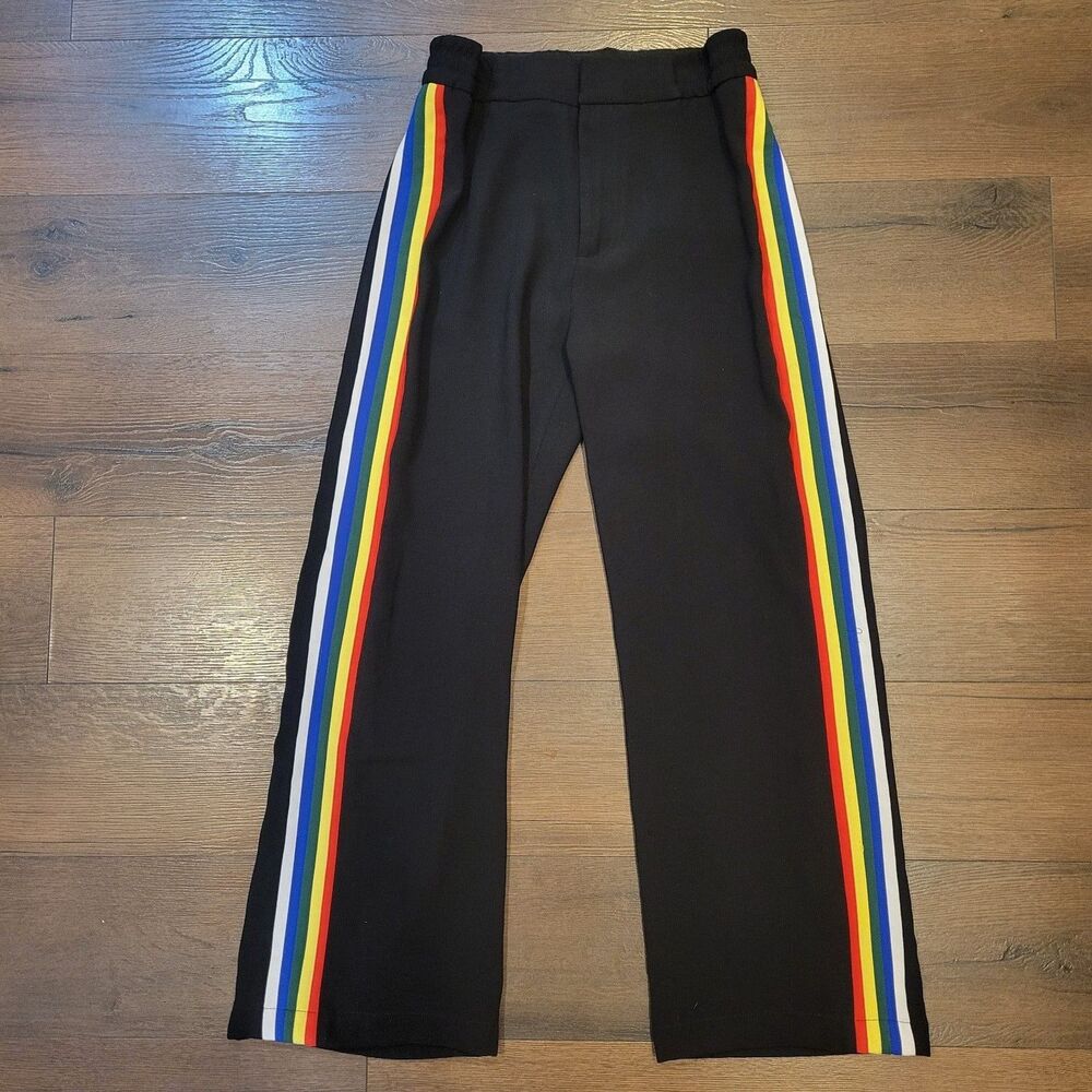 ZARA Woman Pride Rainbow Stripes Dress Pants Size S Black Straight Leg